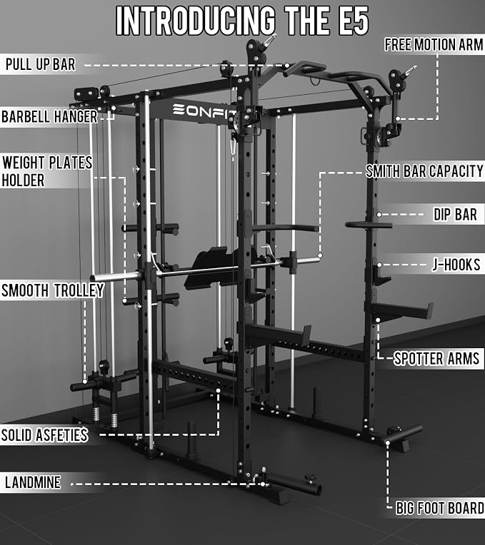 Eonfit E5 Smith Machine with Leg Press for Home Gym | Functional Trainer Power Rack Power Cage With Pivot Arms Lat Cable Crossover Pulley System All In One For Garage Apartment