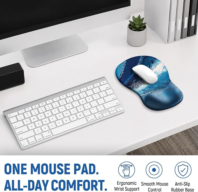 Ergonomic Mouse Pad with Wrist Rest, Gel Wrist Support, Waves | 10.2 x 7.6 in Mouse Pad with Smooth Fabric Surface and Non-Slip Rubber Base for Office, Home, Study, and Gaming