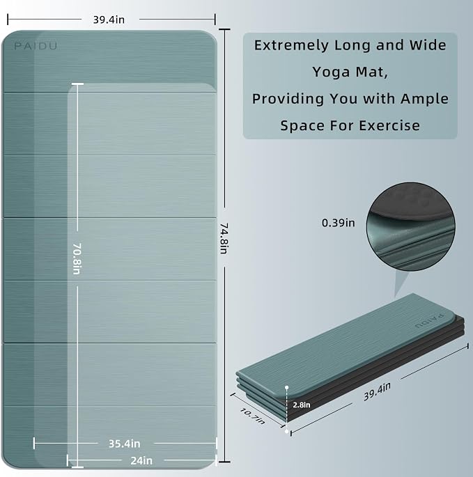 PAIDU Foldable Yoga Mat (10MM) 75‘’x40‘“ Quick Fold，Easy Storage | TPE Non-Slip Design, Ea Extra Long/Wide for Indoor Yoga, Pilates and Outdoor Travel Workouts