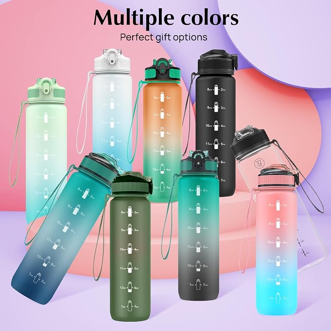 EYQ 32oz Water Bottle with Straw, Time Marker, Blue Purple | Blue Purple Tritan, BPA Free, Time Marker, Leakproof Lock Lid, Wide Mouth, for Gym, School, Office and Travel