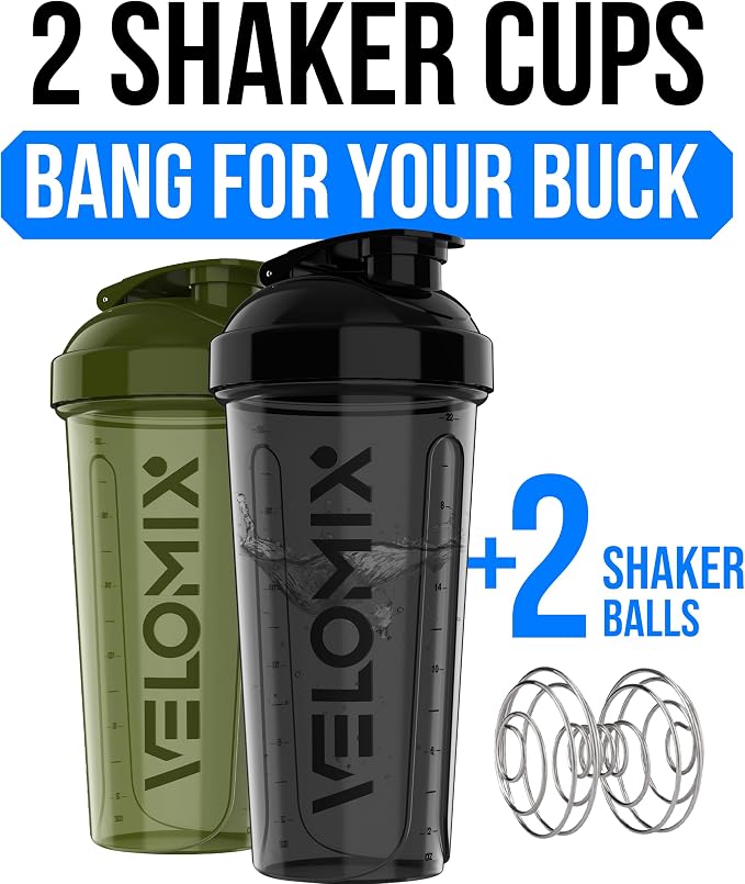 VELOMIX 2 Pack 28oz Protein Shaker Bottle for Protein Mixes, Green/Black | 2x Wire Whisk, Leak Proof Shaker Cups for Protein Shakes, Stackable, Dishwasher safe, BPA free, Pre Workout and Fitness ready