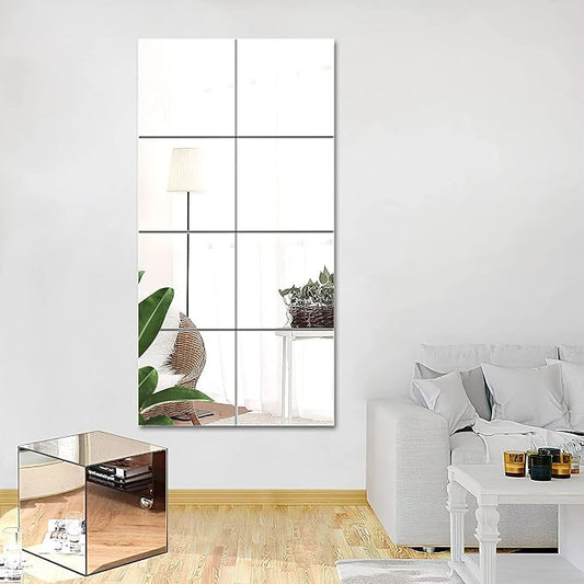 JUNEBRUSHS 8 Pack Self Adhesive Acrylic Mirror, 12 x 12 Inch Mirror Tiles | 2MM Thick Mirror, Frameless Small Mirror, Flexible Plastic Sheets Wall Stickers