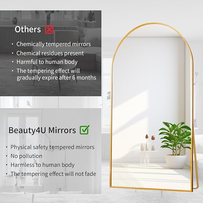 Beauty4U 76" x 34" Arched Full Length Mirror with Stand, Gold Floor Mirror | Large Standing, Leaning, or Wall-Mounted Tempered Full Body Mirror with Metal Frame for Bedroom, Closet, Modern Home Decor