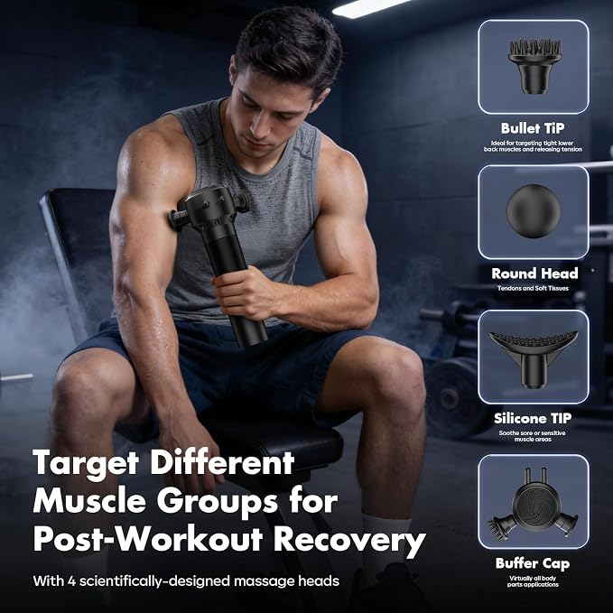 Heated Deep Tissue Massage Gun, Cordless Handheld Massager for Full Body Muscle Pain Relief, Fascia Release & Trigger Point with 3 Replaceable Heads for Back Neck Shoulders Legs
