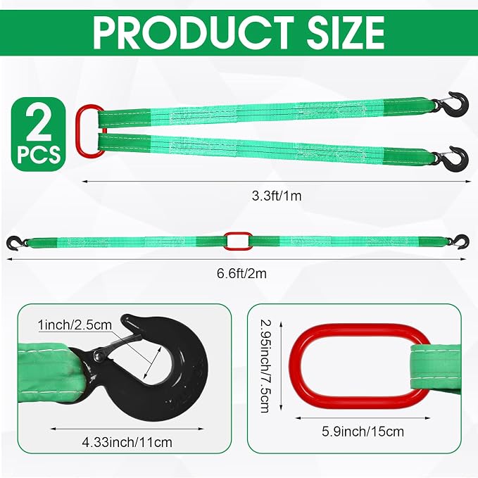 2 Pack Lifting Slings Straps with Hooks Web Slings Capacity Polyester Bridle Sling Heavy Duty Two Leg Lifting Straps for Engines Cranes Hoists Truck (3.3ft,Green)