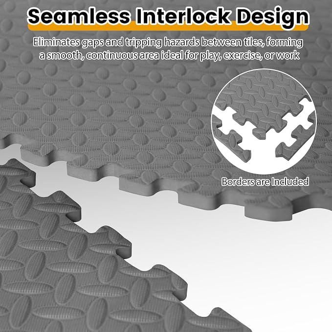 Tangkula 48 Tiles Exercise Flooring with Border, Non-Slip EVA Foam Protective Mats, Elastic Puzzle Play, 1/2" Interlocking Floor for Home Gym, Fitness Room, Workshop Equipment (Gray)