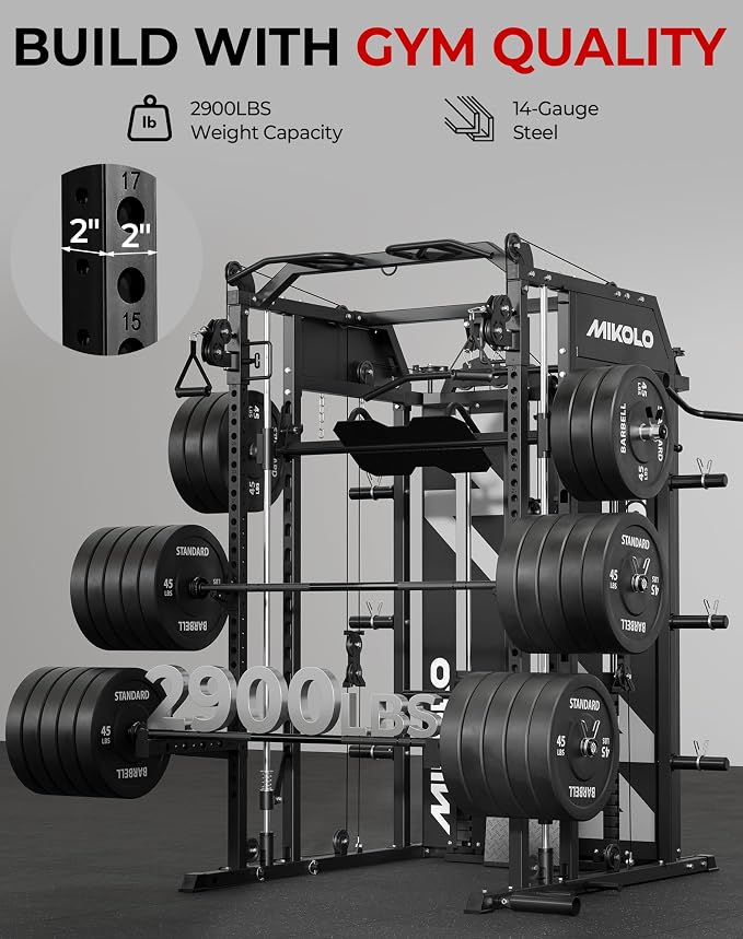 Mikolo Smith Machine with Weight Stack, Power Cage Home Gym System with LAT Pulldown & Cable Crossover, Multi-Functional Trainer with Dual Pulley System, Includes 10+ Free Attachments