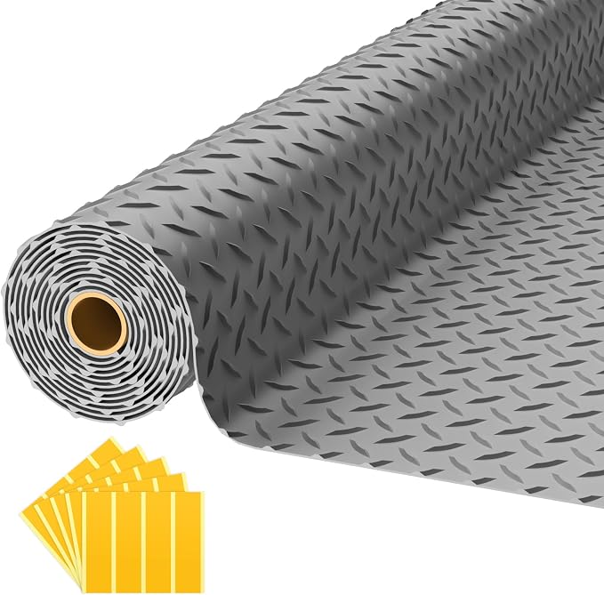 8x20 FT Garage Floor Mat, 2.8mm Thickened Diamond Plate | PVC Flooring Roll for Under Car/Garage/Warehouse/Basement/Gyms/Trailer, 160 SQFT Garage Mat, Tapes Included, Gray
