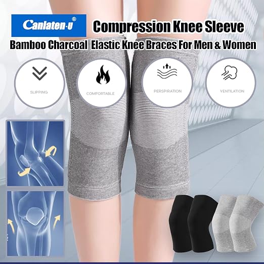 Bamboo Charcoal Compression Knee Sleeve - Elastic Knee Braces Pads Warmers Protective Knee Support for Arthritis and Runners (Gray+Black, Large)