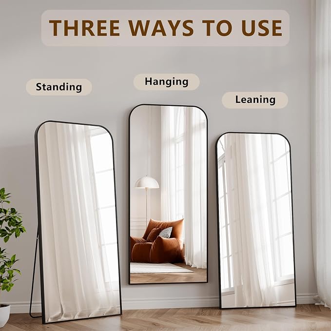 Koonmi Full Length Mirror, 65"x24" Mirror Full Length with Stand | Domed Top Square-Edged ShatterProof Floor Mirror with Black Aluminum Alloy Frame for Bedroom Living Room Home Gym