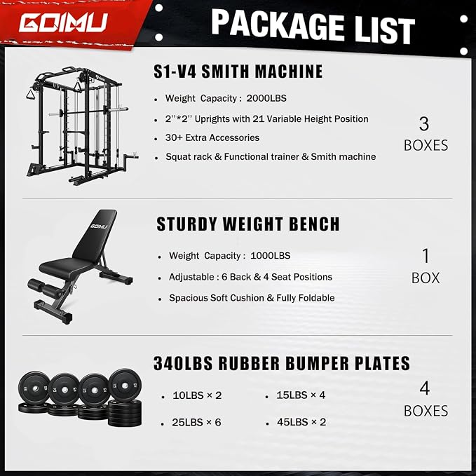 S1-V4 Smith Machine, 2000LBS Power Cage with Cable Crossover System, All-in-One Squat Rack with Smith Bar, Strength Training Equipment for Home Gym