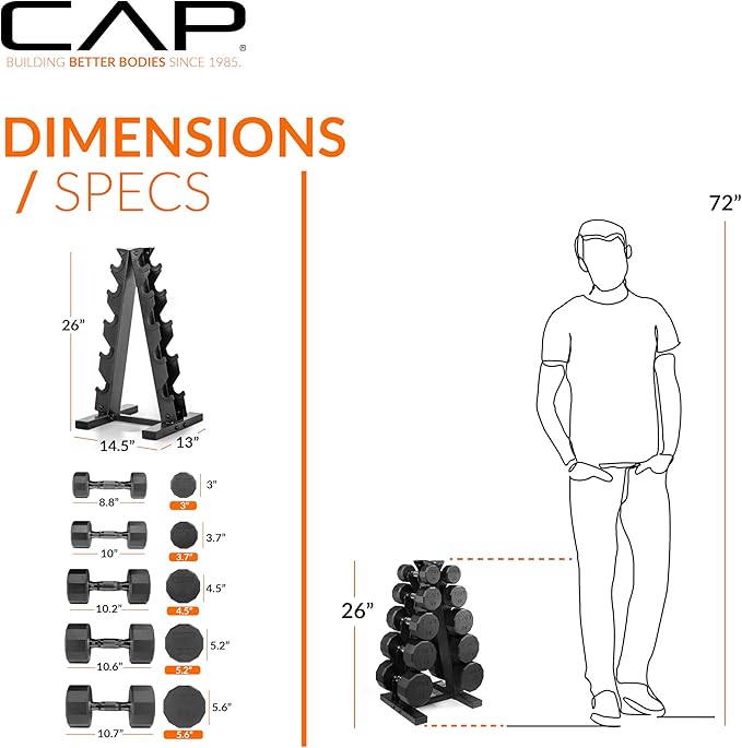 CAP Rubber Coated Hex Dumbbell Set with Storage Rack | 100–210 lb Options, Space-Saving Vertical Compact Storage for Home Gym Strength Training