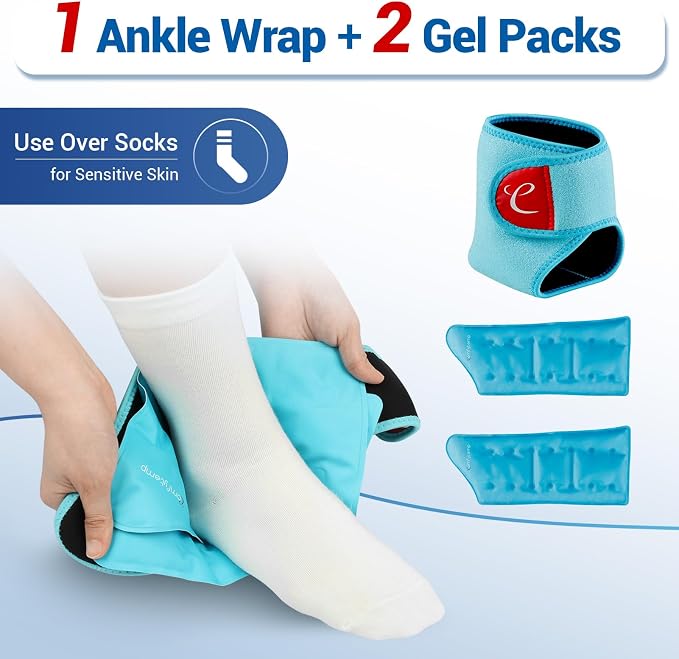 Comfytemp Ankle Ice Pack Wrap Brace for Swelling, Foot Pain Relief, 2 Gel Packs for Injuries Reusable, Hot Cold Compress Therapy for Plantar Fasciitis Relief, Heel Spur, Achilles Tendonitis, Swelling