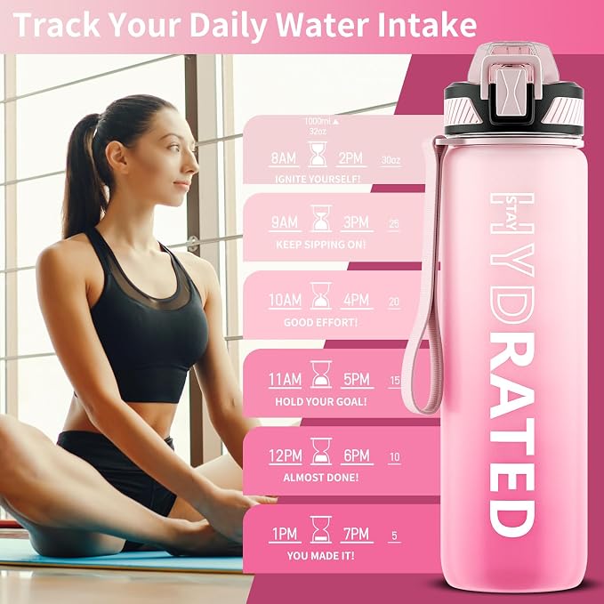 QLUR Water Bottle with Straw, 32oz Motivational Water Bottles with Time Marker to Drink, Tritan BPA Free, 1L Sports Water Bottle with Carry Strap LeakProof for Women Gym Fitness Outdoor (1 Pack)