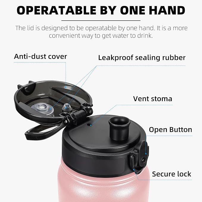 Fanhaw 20 oz Insulated Stainless Steel Water Bottle with Anti-Dust Chug Lid, Leakproof Vacuum Metal Everyday Use Bottle for Kids, Teens & Adults, Back to School Essentials (Pink)