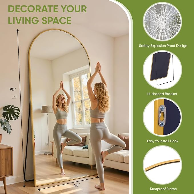 Full Length Mirror 90" L x 46" Full Body Standing Mirror for Bedroom, Living Room, Gym, Dorm - Shatter-Resistant & Easy Assembly, Arched Style Gold