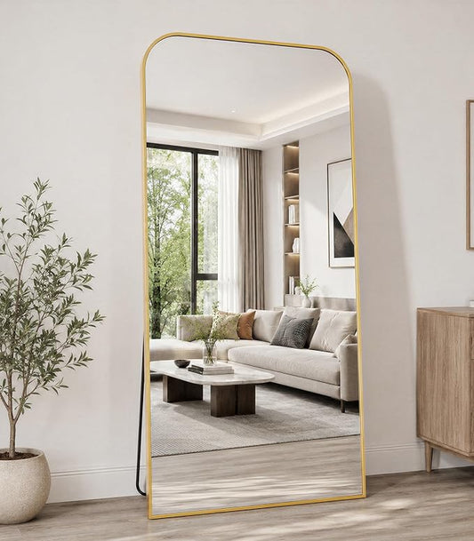 Koonmi Full Length Mirror, 67"x30" Mirror Full Length with Stand | Domed Top Square-Edged ShatterProof Floor Mirror with Gold Aluminum Alloy Frame for Bedroom Living Room Home Gym