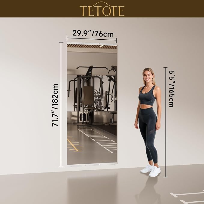 TETOTE Gym Workout Mirrors for Home Gym 72" x 30" - 1PC Large Tempered Glass Exercise Fitness Mirror Wall Mounted, Frameless Full Length Mirror for Garage, Dance Studio, Yoga, Living Room