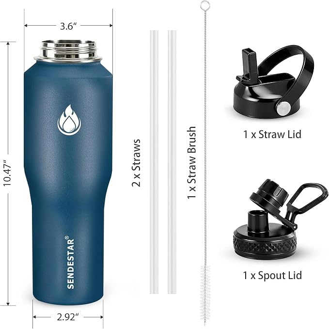 SENDESTAR Water Bottle 32oz,2 Lids(Straw lid),Wide Mouth Stainless Steel Vacuum Insulated Double Wall Keep Liquids Cold or Hot All Day,Sweat Proof Sport Design,Fit Car Cup Holder(Cobalt)