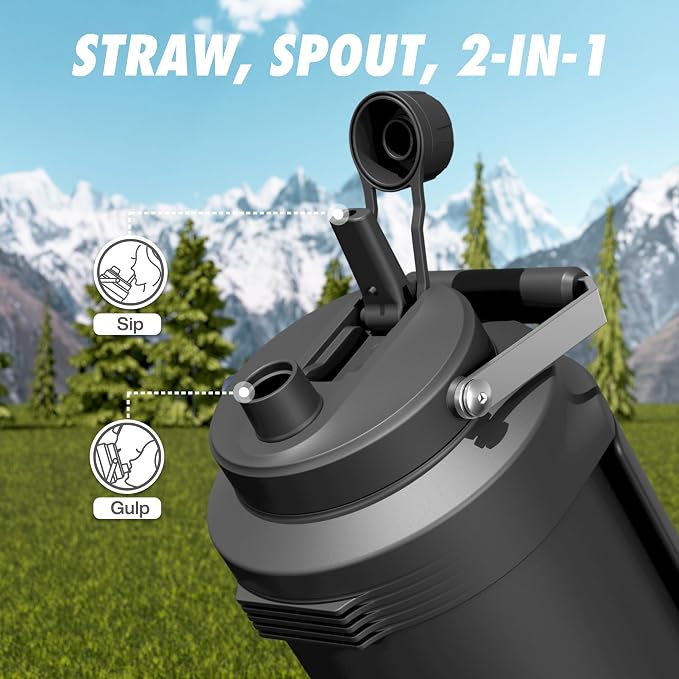 1 Gallon Insulated Water Bottle for Travel: 2-in-1 Straw Spout Lid, Dual Handle, Leakproof, Keep Cold 48H, 128oz Stainless Steel Water Jug for Gym, Biking, Road Trip, Work, Home, Picnic (Midnight)