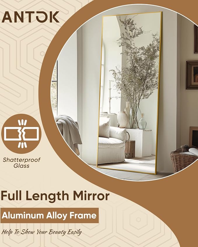 Antok Full Length Mirror, 56"x14" Floor Mirror, Floor Standing Freestanding Full Body Mirror with Stand for Bedroom, Hanging Mounted for Living Room Cloakroom, Gold