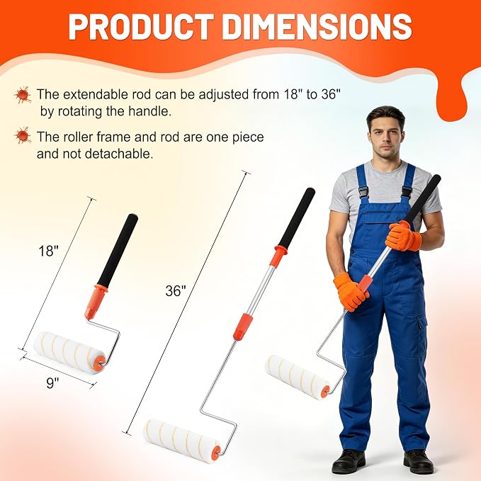 ValueMax 7PCS House Paint Roller Kit, 9" Extendable Roller Frame with 6 Microfiber Replacement Covers 1/2" Nap, Adjustable 18"-36" Painting Tool for Walls, Ceilings, Floor, Furniture | 6 Microfiber Roller Covers, 3/8" Nap Thickness, Adjustable 18"- 36"...