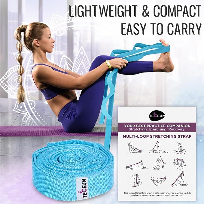 TECEUM Stretching Strap with 10 Loops for Physical Therapy & Rehab | Non-Elastic Yoga Stretch Band for Hamstring, Leg, Hip & Knee Rehab, Pilates, Flexibility & Mobility Exercises for Men & Women