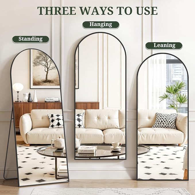 Mirror Full Length 64"x21", Arched Full Body Floor Mirrors with Stand | Shatterproof Glass, Aluminum Alloy Frame, Free Standing, Wall Mounted or Leaning for Bedroom Living Room Entryway
