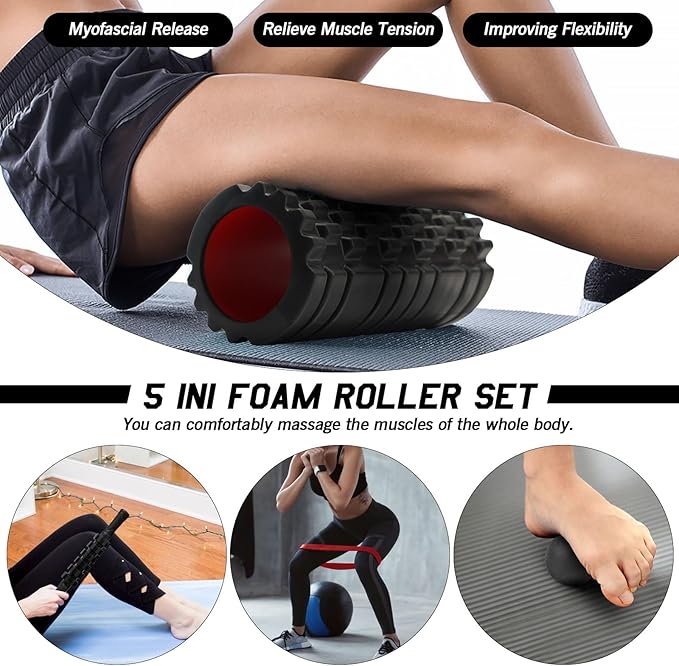5 in 1 Foam Roller Set High Density Patented Foam Roller for Exercise | Foam Roller Massage Stick, Massage Ball, Resistance Band for Deep Muscle Massage Pilates Yoga Trigger Point Release Black