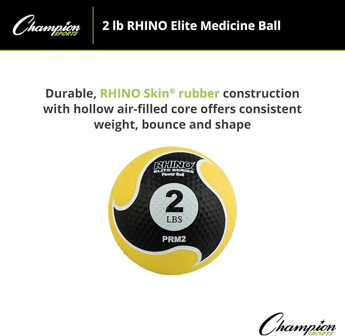 Champion Sports Rhino Elite Medicine Ball – Textured Surface, Superior Grip, Hollow Synthetic Rubber for Consistent Bounce & Durability, Multiple Weights & Colors - Optional Rebounder Sold Separately