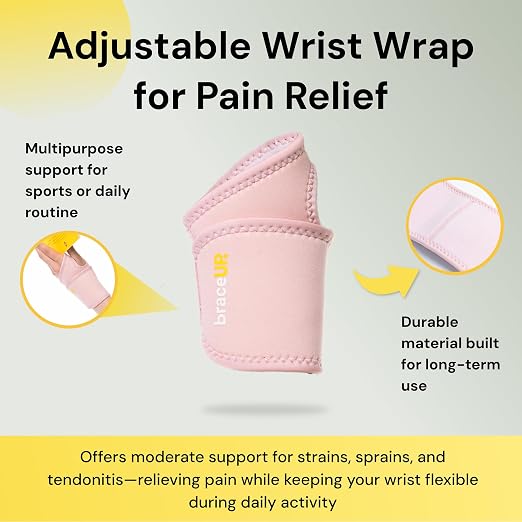 BraceUP Adjustable Wrist Wrap for Men and Women - Workouts Wrist Band, Carpal Tunnel Compression Wrist Brace, Tendonitis Wrist Splint, Left Right Hand One Size Adjustable (1, Pink)