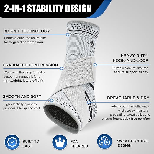 ABIRAM Ankle Brace for Men & Women - Adjustable Compression Sleeve with Wrap, Stability Support & Relief for Sprained Ankle, Plantar Fasciitis & Achilles Tendonitis - Breathable Running & Sports Gear