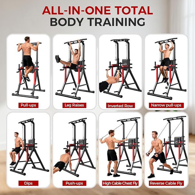 Power Tower Pull Up Bar Free Standing,Multi-Level Adjustable Height Dip Station, Multi-Grip Handles,Backrest,Home Gym Strength Training Equipment with Power Elastic Ropes,Capacity 400LBS