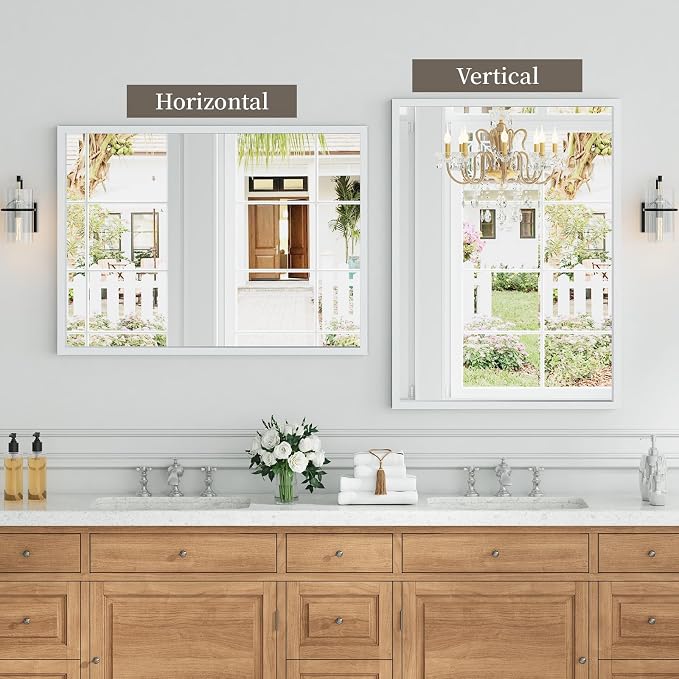 Syndra White Wood Frame Bathroom Mirror, 30''x40'' Modern Vanity Mirror for Wall, Waterproof Slim Deep Frame, Rectangular HD Tempered Glass Mirror for Living Room, Bedroom, Entryway, Rustic, Farmhouse