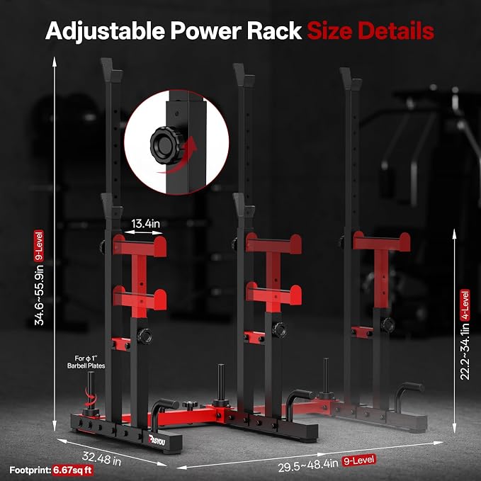 PASYOU Adjustable Squat Power Rack for Home Gym | Adjustable Free Weight Racks, Dual Steel Frame, Push-up Handles, with Dumbbell Storage, Heavy Strength Training for Home Gym