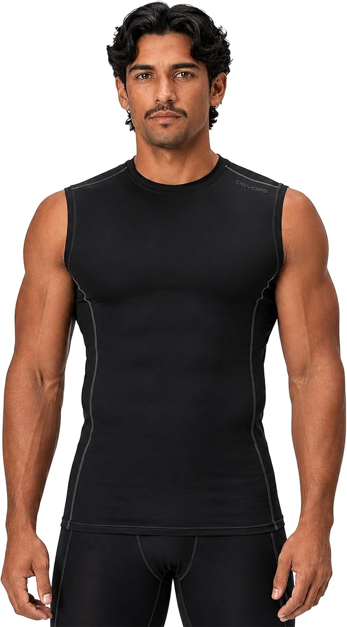 DEVOPS 3 Pack Men's Compression Shirts Sleeveless Tank Top Baselayer | Gym Training, Running, Moisture Wicking, Compression Fit, 4-Way Stretch, UPF 50+, Sleeveless