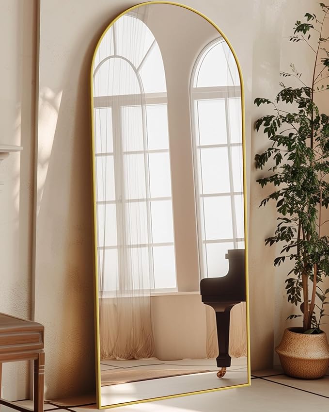 Antok Full Length Mirror, 59"x18.1" Floor Mirror with Stand, Hanging Mounted Mirrors for Bedroom, Living Room, Cloakroom, Dining Room, Gold, Arched