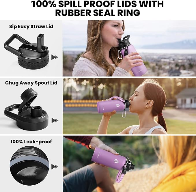 RAYMYLO Insulated Water Bottle 32 oz, Triple Wall Vacuum Stainless Steel | (Cold for 24Hrs, Hot for 12Hrs), Leak Proof & Non-BPA, Modern Water Flask Jug with Paracord Handle & Straw Spout Lids