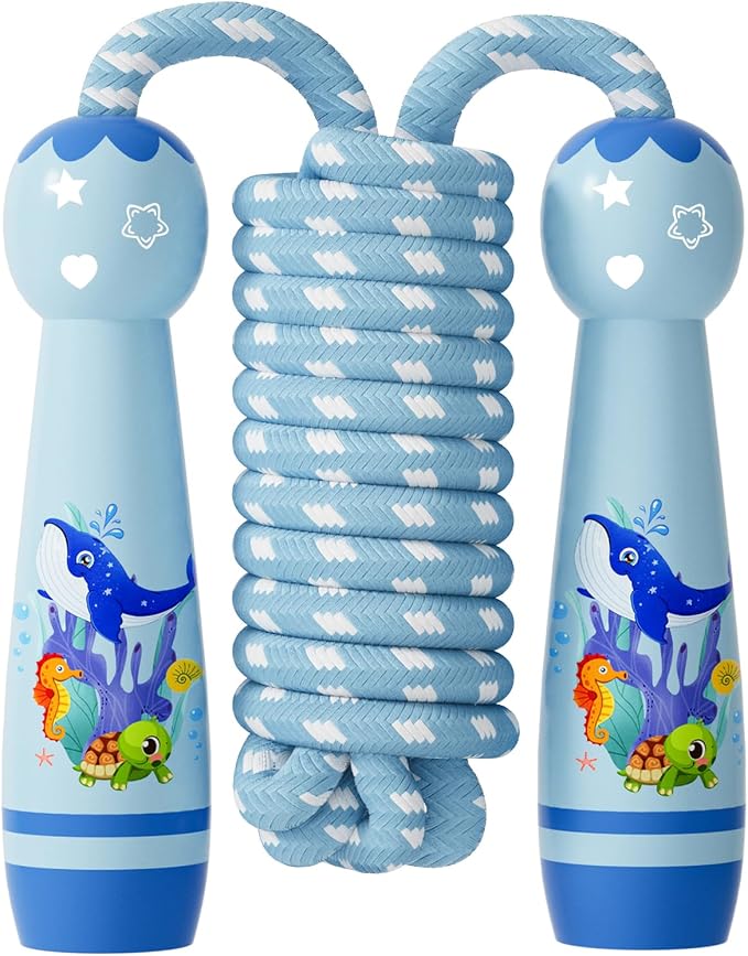 Jump Rope for Kids-Adjustable Cotton Braided Skipping Rope with Wooden Handle for Toddler Fitness Workout Exercise Outdoor Activity