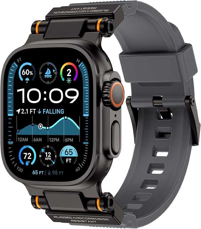 Band Compatible with Apple Watch Ultra 3/2/1 Band 49/46/45/44mm | Metal Connector with Silicone Rugged Strap for iWatch Ultra Series 11/10/9/8/7/6/SE3/SE2/SE/5/4/3/2/1, Gray/Black