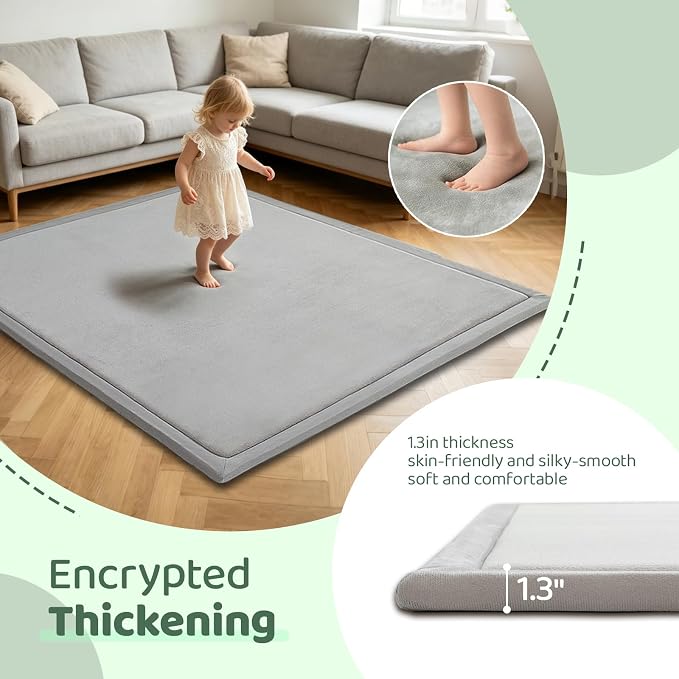 Baby Play Mat for Floor, 79'' x 79'' Thicken Foam Soft Padded Playmat for Tummy Time, Playpen Mat for Toddlers Infant Kids, Water-Repellent Coral Velvet, Non-Slip Bottom Safe for Crawling (Light Grey)