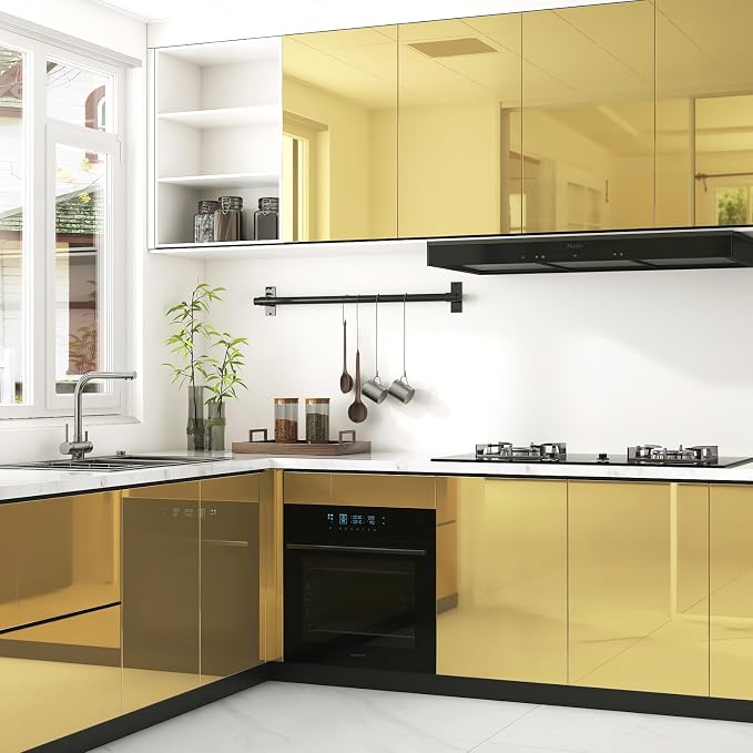 WESTICK 24" x 118" Gold Mirror Stickers for Wall Self Adhesive Flexible Mirrored Wallpaper Peel and Stick Mirror Contact Paper Roll Stick on Mirrors for Art Crafts DIY Decoration Cabinets Countertops