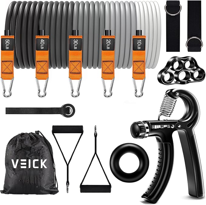 VEICK 10-150LBS Resistance Bands with Handles, Ankle Straps, Door Anchor | Accredited Lab Certified, 100% Natural Latex, Versatile for Yoga, Pilates, Strength, Home Gym