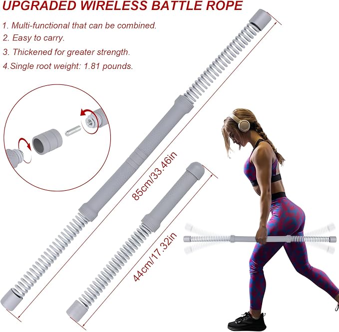 Ropeless Battle Ropes for Home Gym with Non-Slip Gloves, 2Pcs Portable Cordless Home Gym Equipment，Weighted Ropeless Battle Ropes for HIIT Workouts, Cardio, Muscle Training (Grey)