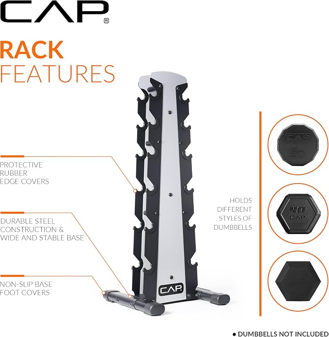 CAP 6-Tier Dumbbell Rack for Home Gym, 210lb Capacity, Heavy-Duty Weight Storage Rack for Hex Dumbbells, Space-Saving Steel Free Weight Stand, Multi-Level Dumbbell Storage Rack