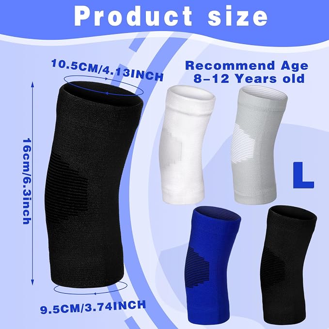 Lenwen 4 Pairs Kids Elbow Brace Compression Arm Elbow Sleeve Knit Guard Gym Protectors for Boys Teen Children Girls Basketball Volleyball Tennis Cycling(8-12 Years,Black, White, Blue, Gray)