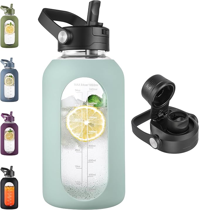 CIVAGO 64 oz Glass Water Bottle Jug with Detachable Straw and Time Maker | Half Gallon Motivational Large Flask Cup with Handle, Leakproof Lids, Wide Mouth, Silicone Sleeve, Tumbler for Juice, Sage