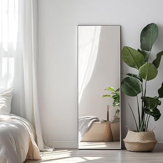 48x16 inch Floor Length Mirror, Silver Wall Mirror Full Length | Nickel Brushed Metal Frame, No Distortion, Silver Full Length Mirror for Bedroom, Living Room, Entryway, Bathroom, Nursery