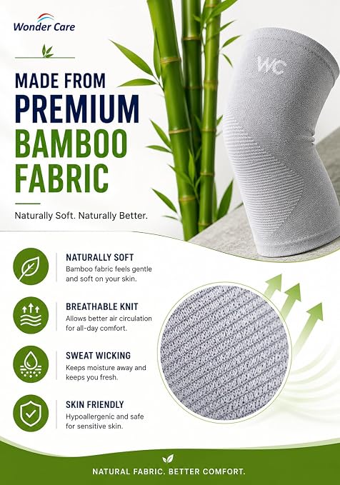 Wonder Care 2-Pack Bamboo Knee Compression Sleeve for Men and Women, Compression Knee Sleeve for Running, Volleyball, Gym Weightlifting Made from Bamboo Yarn, Perfect Knee Brace for Knee Pain and Enhanced Comfort - 1 Pair