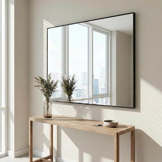 36" x 48" Matte Black Wall Mirror for Bathroom, 48" x 36" Oversized Rectangular Metal Framed Decor, Wide Accent Mirror for Living Room & Vanity